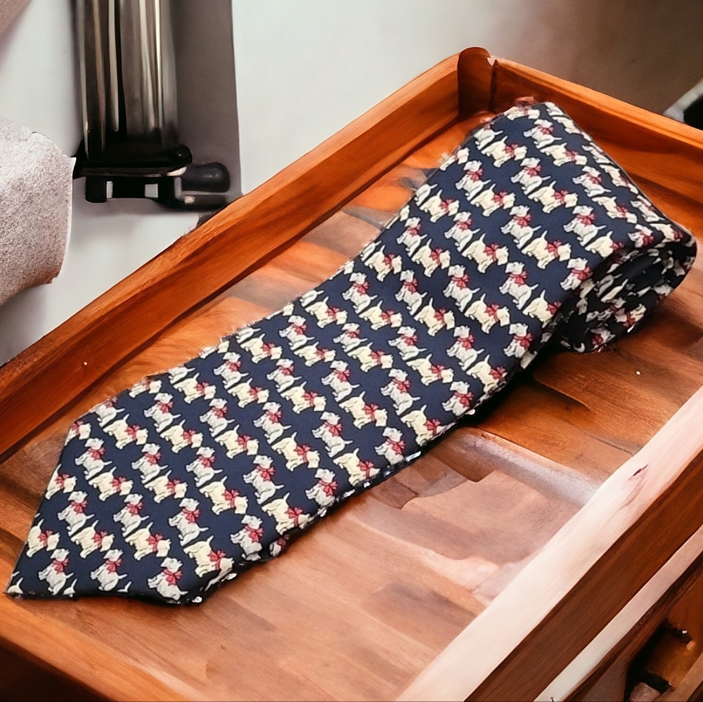 VINTAGE BEAUFORT Silk Dog Print Tie Navy Preppy Mens Necktie Yorkie Terrier - Picture 3 of 11